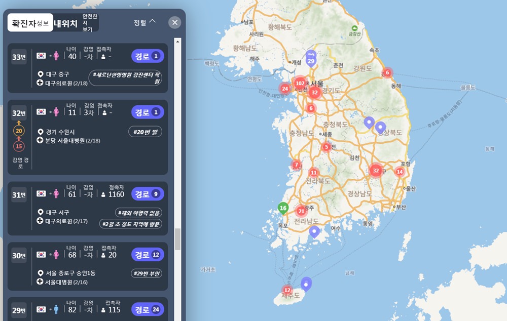 韓國武漢肺炎疫情資訊∥ 查詢新型冠狀病毒確診人數、分布位置以及病例移動路徑地圖